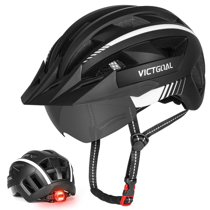 VICTGOAL Bike Helmet for Men Women with Led Light Detachable Magnetic Goggles Removable Sun Visor Mountain & Road Bicycle Helmets Adjustable Size Adult Cycling Helmets (L: 57-61 cm, Black White) - Image 1